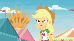 Size: 1920x1080 | Tagged: safe, screencap, character:applejack, character:microchips, equestria girls:rollercoaster of friendship, g4, my little pony:equestria girls, animated, apple, background human, caramel apple (food), dubbing, food, geode of super strength, leafy mint, mint chip, polish, sound, tennis match, webm, wrong name