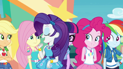 Size: 1920x1080 | Tagged: safe, screencap, character:applejack, character:fluttershy, character:pinkie pie, character:rainbow dash, character:rarity, character:twilight sparkle, character:twilight sparkle (scitwi), species:eqg human, equestria girls:rollercoaster of friendship, g4, my little pony:equestria girls, eyes closed, geode of fauna, geode of shielding, geode of sugar bombs, geode of super speed, geode of super strength, humane five, magical geodes