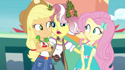 Size: 1920x1080 | Tagged: safe, screencap, character:applejack, character:fluttershy, character:vignette valencia, equestria girls:rollercoaster of friendship, g4, my little pony:equestria girls, geode of fauna, geode of super strength, vignette valencia
