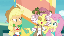 Size: 1920x1080 | Tagged: safe, screencap, character:applejack, character:fluttershy, character:vignette valencia, equestria girls:rollercoaster of friendship, g4, my little pony:equestria girls, eyes closed, female, geode of fauna, geode of super strength, vignette valencia