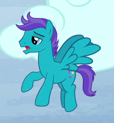 Size: 364x393 | Tagged: safe, screencap, character:open skies, species:pegasus, species:pony, episode:tanks for the memories, g4, my little pony: friendship is magic, background pony, cropped, flying, male, open mouth, solo, stallion