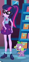 Size: 272x569 | Tagged: safe, screencap, character:spike, character:spike (dog), character:twilight sparkle, character:twilight sparkle (scitwi), species:dog, species:eqg human, episode:a fine line, g4, my little pony:equestria girls, female, geode of telekinesis, glasses, legs, male, paws, ponytail, shocked