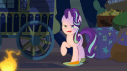 Size: 1280x720 | Tagged: safe, screencap, character:starlight glimmer, species:pony, species:unicorn, episode:on the road to friendship, animated, bags under eyes, cactus, campfire, carrot, chest, evil, faec, female, fire, food, insanity face, laughing, loop, mare, palm tree, pillow, plate, raised hoof, shadow, smoke bomb, solo, sound, stars, tree, trixie's wagon, webm