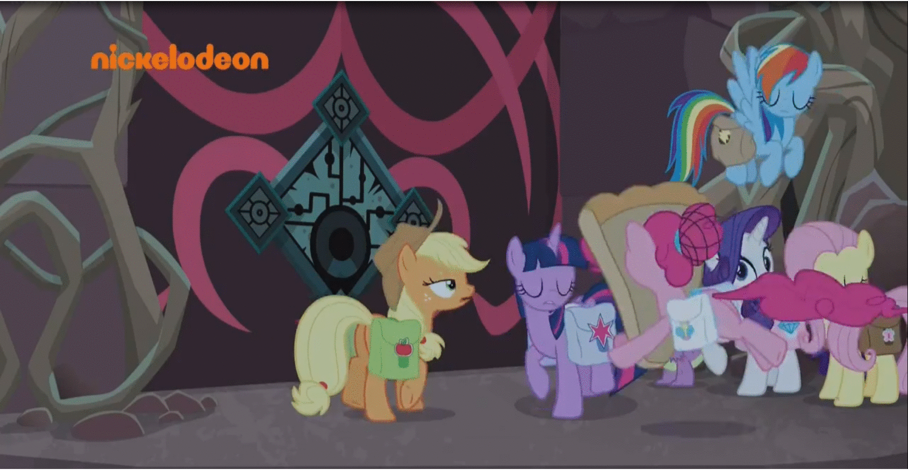 Size: 1810x937 | Tagged: safe, screencap, character:applejack, character:fluttershy, character:pinkie pie, character:rainbow dash, character:rarity, character:spike, character:twilight sparkle, character:twilight sparkle (alicorn), species:alicorn, species:pony, episode:school raze, g4, my little pony: friendship is magic, animated, food, food pony, gif, nickelodeon, original species, pizza, pizza costume, pizza delivery, slideshow