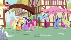 Size: 1920x1080 | Tagged: safe, screencap, character:applejack, character:blues, character:daisy, character:fluttershy, character:noteworthy, character:pinkie pie, character:rainbow dash, character:rarity, character:royal riff, character:twilight sparkle, character:twilight sparkle (alicorn), species:alicorn, species:pony, episode:the washouts, g4, my little pony: friendship is magic, bake it like buddy, discovery family logo, mane six