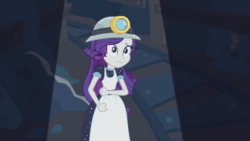 Size: 1280x720 | Tagged: safe, screencap, character:bulk biceps, character:rainbow dash, character:rarity, episode:opening night, g4, my little pony:equestria girls, animated, coal, fairy bootmother, helmet, marshmelodrama, mining helmet, selfie soot, sound, webm