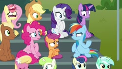 Size: 1920x1080 | Tagged: safe, screencap, character:applejack, character:bon bon, character:fluttershy, character:lily, character:lily valley, character:lyra heartstrings, character:meadow song, character:minty green, character:pinkie pie, character:rainbow dash, character:rarity, character:scootaloo, character:sweetie drops, character:twilight sparkle, character:twilight sparkle (alicorn), species:alicorn, species:earth pony, species:pegasus, species:pony, species:unicorn, episode:the washouts, g4, my little pony: friendship is magic, bleachers, female, male, mane six, mare, squatting, stallion