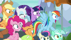 Size: 1280x720 | Tagged: safe, screencap, character:applejack, character:bon bon, character:lyra heartstrings, character:pinkie pie, character:rainbow dash, character:rarity, character:scootaloo, character:sweetie drops, character:twilight sparkle, character:twilight sparkle (alicorn), species:alicorn, species:earth pony, species:pegasus, species:pony, species:unicorn, episode:the washouts, g4, my little pony: friendship is magic, cheering, fangirling, female, grin, irrational exuberance, mare, open mouth, rainbow dash is best facemaker, smiling