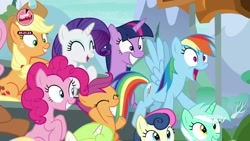 Size: 1920x1080 | Tagged: safe, screencap, character:applejack, character:bon bon, character:fluttershy, character:lyra heartstrings, character:minty green, character:pinkie pie, character:rainbow dash, character:rarity, character:scootaloo, character:sweetie drops, character:twilight sparkle, character:twilight sparkle (alicorn), species:alicorn, species:pegasus, species:pony, episode:the washouts, g4, my little pony: friendship is magic, excited, female, filly, happy, mane six, mare, smiling