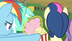 Size: 1280x720 | Tagged: safe, screencap, character:bon bon, character:lyra heartstrings, character:rainbow dash, character:sweetie drops, episode:the washouts, g4, my little pony: friendship is magic, cotton candy, food, popcorn, stealing