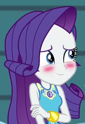 Size: 418x609 | Tagged: safe, screencap, character:rarity, equestria girls:rollercoaster of friendship, g4, my little pony:equestria girls, blushing, cropped, cute, female, geode of shielding, raribetes, smiling, solo