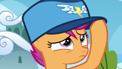 Size: 1280x720 | Tagged: safe, screencap, character:scootaloo, species:pegasus, species:pony, episode:the washouts, g4, my little pony: friendship is magic, clothing, female, filly, foal, hat, solo, wonderbolts logo