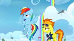 Size: 1280x720 | Tagged: safe, screencap, character:rainbow dash, character:spitfire, species:pegasus, species:pony, episode:the washouts, g4, my little pony: friendship is magic, clothing, cloud, duo, female, glasses, lidded eyes, mare, pouting, rainbow, rainbow waterfall, scrunchy face, uniform, whistle, wonderbolts, wonderbolts headquarters, wonderbolts uniform