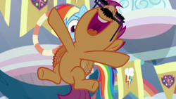 Size: 1280x720 | Tagged: safe, screencap, character:rainbow dash, character:scootaloo, species:pegasus, species:pony, episode:marks for effort, g4, my little pony: friendship is magic, buzzing wings, disguise, excited, flapping, floating, groucho mask, nose in the air, open mouth, volumetric mouth