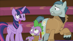 Size: 1152x646 | Tagged: safe, screencap, character:on stage, character:spike, character:twilight sparkle, character:twilight sparkle (alicorn), species:alicorn, species:pony, episode:horse play, g4, my little pony: friendship is magic, background pony, creepy, creepy smile, smiling, weird face, worried