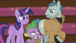 Size: 1152x647 | Tagged: safe, screencap, character:on stage, character:spike, character:twilight sparkle, character:twilight sparkle (alicorn), species:alicorn, species:pony, episode:horse play, g4, my little pony: friendship is magic, background pony, creepy, creepy smile, smiling, weird face