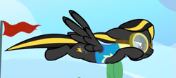 Size: 621x275 | Tagged: safe, screencap, character:midnight strike, species:pegasus, species:pony, episode:wonderbolts academy, background pony, clothing, cropped, female, flag, flying, goggles, mare, solo, uniform, wonderbolt trainee uniform
