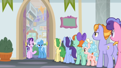 Size: 1920x1080 | Tagged: safe, screencap, character:auburn vision, character:berry blend, character:berry bliss, character:cozy glow, character:huckleberry, character:november rain, character:peppermint goldylinks, character:starlight glimmer, character:trixie, species:earth pony, species:pegasus, species:pony, species:unicorn, episode:on the road to friendship, cozy glutes, female, filly, foal, friendship student, lidded eyes, male, mare, queue, stallion