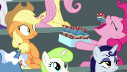 Size: 1280x720 | Tagged: safe, screencap, character:applejack, character:fluttershy, character:minty green, character:moonlight raven, character:pinkie pie, species:earth pony, species:pony, species:unicorn, episode:the washouts, g4, my little pony: friendship is magic, "scootaloo's super-difficult stunt" special cupcakes, background pony, cupcake, eyes closed, female, food, mare