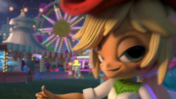 Size: 1280x720 | Tagged: safe, screencap, character:applejack, my little pony:equestria girls, creepy, doll, equestria girls minis, fun at the theme park, nightmare fuel, scary, smiling, smirk, solo, toy, uncanny valley