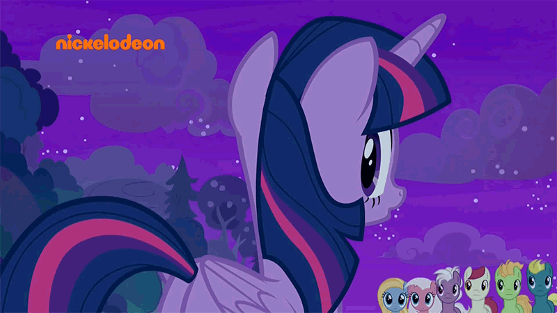 Size: 800x450 | Tagged: safe, screencap, character:end zone, character:fuchsia frost, character:goldy wings, character:loganberry, character:sugar maple, character:twilight sparkle, character:twilight sparkle (alicorn), species:alicorn, species:earth pony, species:pegasus, species:pony, episode:a rockhoof and a hard place, g4, my little pony: friendship is magic, animated, background pony, eh, end zone, female, friendship student, looking back, male, mare, nickelodeon, peppe ronnie, raised hoof, shrug, smiling, stallion