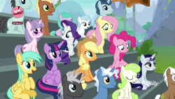 Size: 1920x1080 | Tagged: safe, screencap, character:applejack, character:dark moon, character:fluttershy, character:graphite, character:meadow song, character:minty green, character:mochaccino, character:moonlight raven, character:neon lights, character:pinkie pie, character:pokey pierce, character:polo play, character:rare find, character:rarity, character:rising star, character:sunshower raindrops, character:twilight sparkle, character:twilight sparkle (alicorn), species:alicorn, species:earth pony, species:pegasus, species:pony, species:unicorn, episode:the washouts, g4, my little pony: friendship is magic, audience, bleachers, female, filly, foal, las pegasus resident, male, mare, stallion