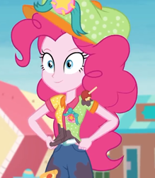 Size: 630x720 | Tagged: safe, screencap, character:pinkie pie, equestria girls:rollercoaster of friendship, g4, my little pony:equestria girls, clothing, cropped, female, fun inspector, fun inspector pinkie, hat, messy, smiling