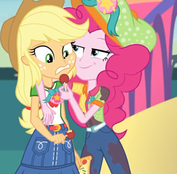 Size: 734x720 | Tagged: safe, screencap, character:applejack, character:pinkie pie, equestria girls:rollercoaster of friendship, g4, my little pony:equestria girls, belt, candy, clothing, context is for the weak, cowboy hat, cropped, denim skirt, female, food, freckles, fun inspector, fun inspector pinkie, hair tie, hat, lollipop, messy, pants, pizza, shirt, skirt, stetson