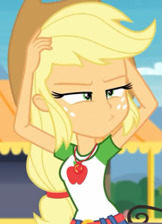 Size: 521x720 | Tagged: safe, screencap, character:applejack, equestria girls:rollercoaster of friendship, g4, my little pony:equestria girls, clothing, cowboy hat, cropped, female, freckles, geode of super strength, hair tie, hands on head, hat, pouting, shirt, skirt, solo, squint, stetson