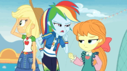 Size: 1280x720 | Tagged: safe, screencap, character:applejack, character:megan williams, character:rainbow dash, equestria girls:rollercoaster of friendship, g4, my little pony:equestria girls, animated, geode of super speed, geode of super strength, magical geodes, shhh, shut up, sound, webm