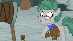 Size: 1920x1080 | Tagged: safe, screencap, character:professor fossil, character:rockhoof, species:earth pony, species:pony, episode:a rockhoof and a hard place, g4, my little pony: friendship is magic, clothing, female, gasp, glasses, hoof on chest, jacket, male, mare, mud, muddy, neckerchief, open mouth, professor fossil, rockhoof's shovel, shocked, stallion, surprised