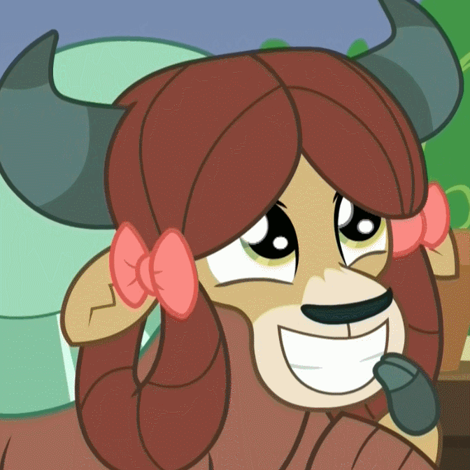 Size: 672x672 | Tagged: safe, screencap, character:yona, species:yak, episode:a rockhoof and a hard place, g4, my little pony: friendship is magic, animated, cloven hooves, cropped, cute, eye shimmer, female, gif, happy, hoof over mouth, smiling, yonadorable
