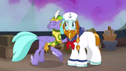 Size: 1920x1080 | Tagged: safe, screencap, character:rockhoof, character:seaspray, species:classical hippogriff, species:earth pony, species:hippogriff, species:pony, episode:a rockhoof and a hard place, g4, my little pony: friendship is magic, beard, braid, clothing, duo, facial hair, male, moustache, sailor hat, sailor uniform, stallion, uniform