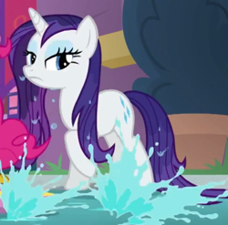 Size: 965x955 | Tagged: safe, screencap, character:rarity, species:pony, species:unicorn, episode:a rockhoof and a hard place, g4, my little pony: friendship is magic, cropped, female, lidded eyes, mare, raised hoof, water, wet, wet mane, wet mane rarity