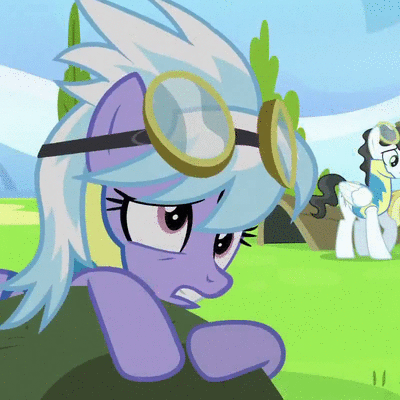 Size: 400x400 | Tagged: safe, screencap, character:cloudchaser, character:meadow flower, character:starry eyes, episode:wonderbolts academy, animated, dizzy, goggles, milky way, wonderbolt trainee uniform