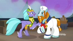 Size: 1920x1080 | Tagged: safe, screencap, character:rockhoof, character:seaspray, species:classical hippogriff, species:earth pony, species:hippogriff, species:pony, episode:a rockhoof and a hard place, g4, my little pony: friendship is magic, armor, beard, belt, braid, clenched fist, clothing, discovery family logo, duo, duo male, eye contact, facial hair, feathered hat, looking at each other, male, moustache, navy, pants, sailor hat, sailor uniform, sailorhoof, scar, scarf, shirt, stallion, uniform