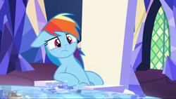 Size: 1920x1080 | Tagged: safe, screencap, character:rainbow dash, species:pegasus, species:pony, friendship throne, rainbow dash is best facemaker, reaction image, twilight's castle, uncomfortable