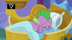 Size: 1920x1080 | Tagged: safe, screencap, character:spike, species:dragon, episode:a rockhoof and a hard place, g4, my little pony: friendship is magic, bed, pillow, sleeping, solo, spike's bed, spike's room, tongue out, winged spike