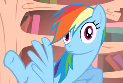 Size: 1587x1080 | Tagged: safe, screencap, character:rainbow dash, episode:bridle gossip, g4, my little pony: friendship is magic, season 1, caught, disproportional anatomy, faec, golden oaks library, let's face it you've caught me doing worse, rainbow dash is best facemaker, reaction image, wat