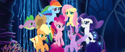 Size: 1920x808 | Tagged: safe, screencap, character:applejack, character:fluttershy, character:pinkie pie, character:rainbow dash, character:rarity, character:spike, character:twilight sparkle, character:twilight sparkle (alicorn), species:alicorn, species:pony, species:seapony (g4), my little pony: the movie (2017), fin wings, fins, fish, mane seven, mane six, puffer fish, seaponified, seapony applejack, seapony fluttershy, seapony pinkie pie, seapony rainbow dash, seapony rarity, seapony twilight, seaquestria, smiling, species swap, spike the pufferfish, underwater