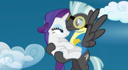Size: 851x468 | Tagged: safe, screencap, character:rarity, character:thunderlane, species:pegasus, species:pony, species:unicorn, episode:wonderbolts academy, carrying, clothing, cloud, duo, female, flying, goggles, lead pony badge, lidded eyes, looking at each other, male, mare, out of context, sky, stallion, uniform, wonderbolt trainee uniform