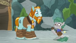Size: 1920x1080 | Tagged: safe, screencap, character:professor fossil, character:rockhoof, species:earth pony, species:pony, episode:a rockhoof and a hard place, g4, my little pony: friendship is magic, ball, beard, blaze (coat marking), braid, clothing, duo, facial hair, female, male, mare, moustache, neckerchief, professor fossil, stallion