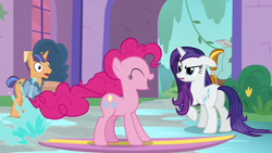 Size: 1920x1080 | Tagged: safe, screencap, character:pinkie pie, character:rarity, character:rockhoof, species:earth pony, species:pony, species:unicorn, episode:a rockhoof and a hard place, g4, my little pony: friendship is magic, background pony, eyes closed, female, fine catch, friendship student, male, mare, open mouth, pinkie being pinkie, raised hoof, stallion, surfboard, wet, wet mane, wet mane rarity