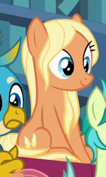 Size: 248x412 | Tagged: safe, screencap, character:amber grain, character:gallus, character:sandbar, species:earth pony, species:griffon, species:pony, episode:a rockhoof and a hard place, g4, my little pony: friendship is magic, background pony, cropped, cute, female, friendship student, male, mare, sitting, smiling, solo focus