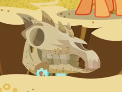 Size: 302x228 | Tagged: safe, screencap, episode:the fault in our cutie marks, g4, my little pony: friendship is magic, cropped, dead, fossil, horse head, horse skull, skull, spiny back ponysaurus