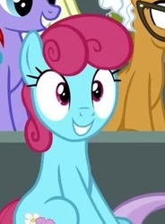 Size: 247x335 | Tagged: safe, screencap, character:bluebonnet, species:earth pony, species:pegasus, species:pony, episode:the washouts, g4, my little pony: friendship is magic, background pony, blue bon, discovery family logo, female, grin, happy, mare, smiling, solo focus