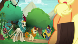 Size: 1024x575 | Tagged: safe, screencap, character:applejack, character:autumn afternoon, character:cinder glow, character:rain shine, character:summer flare, character:winter flame, species:earth pony, species:kirin, species:pony, episode:sounds of silence, g4, my little pony: friendship is magic, background kirin, female, male, mare, sitting, tree stump
