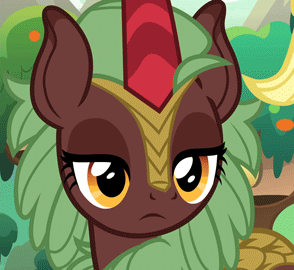 Size: 294x270 | Tagged: safe, screencap, character:applejack, character:cinder glow, character:summer flare, species:kirin, species:pony, episode:sounds of silence, g4, my little pony: friendship is magic, animated, cute, emotionless, female, head tilt, lidded eyes, mare, perfect loop, solo