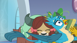 Size: 1280x720 | Tagged: safe, screencap, character:gallus, character:yona, episode:a rockhoof and a hard place, g4, my little pony: friendship is magic, great moments in animation, not what it looks like, out of context, shoving