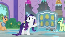 Size: 1920x1080 | Tagged: safe, screencap, character:rarity, character:sandbar, species:earth pony, species:pony, species:unicorn, episode:a rockhoof and a hard place, g4, my little pony: friendship is magic, female, fine catch, friendship student, magic, magic aura, male, mare, quilt, telekinesis, towel, wet, wet mane, wet mane rarity